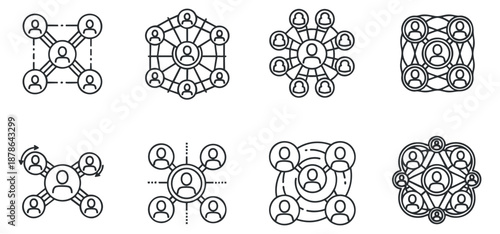 A collection of network connection icons depicting people in outline minimalist vector style, suitable for digital communication and collaboration projects