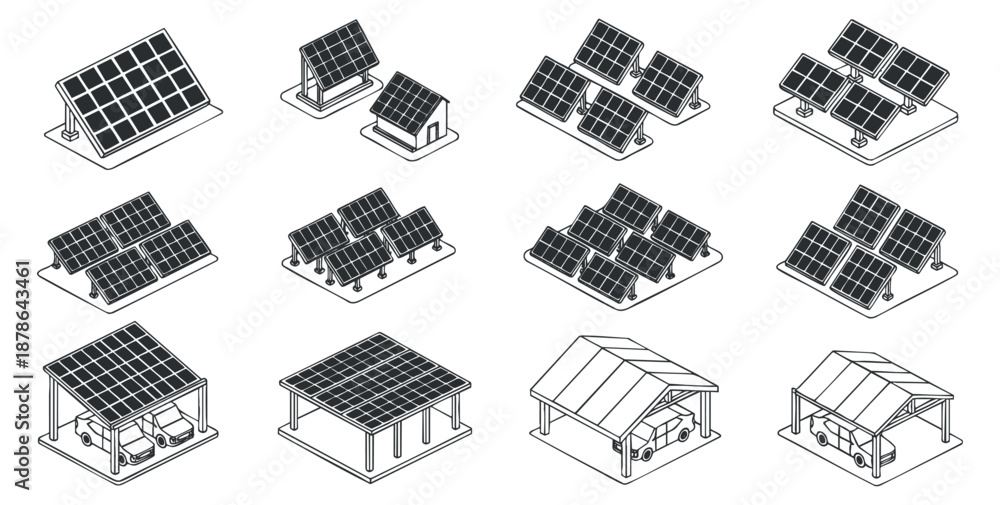 Fototapeta premium A collection of solar panel designs and installations in isometric vector style, suitable for renewable energy projects and environmental themes