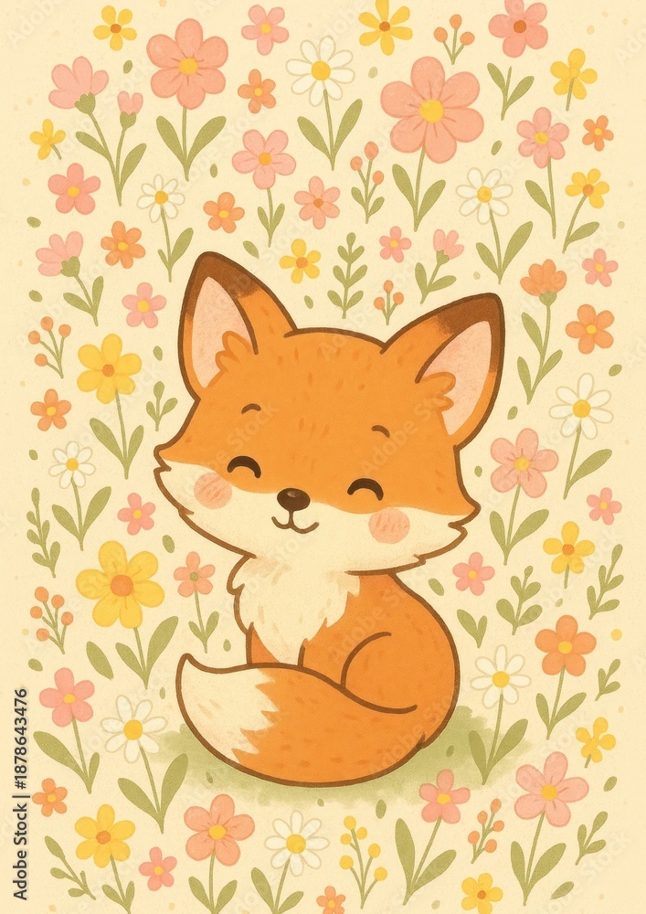 Fototapeta premium Cute fox amidst floral background.