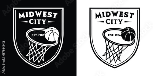 Classic monochrome emblem design featuring a basketball entering a hoop with the text midwest city est 1986.