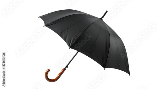 Open, elegant black umbrella with wooden handle against a black backdrop