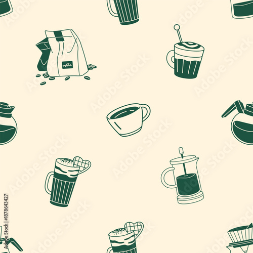 Repeatable pattern of cups of coffee, mugs of cofee, coffeepots and pack of coffe beans. Endless background of coffeehouse items, sketches of hot drinks. Flat outline seamless vector illustration