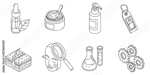 A collection of skincare and beauty icons including serum, cream, laboratory bottles, and magnifying glass in outline vector style, perfect for beauty and wellness branding