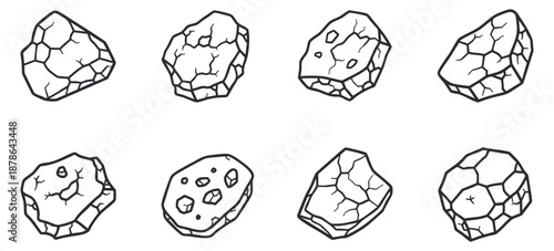 A collection of eight unique outline rocks in black and white vector style, perfect for geological illustrations and design projects