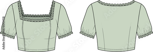 Women square neck puff sleeve crop top technical fashion flat with front back views lace trim details, cad drawing flat vector illustration