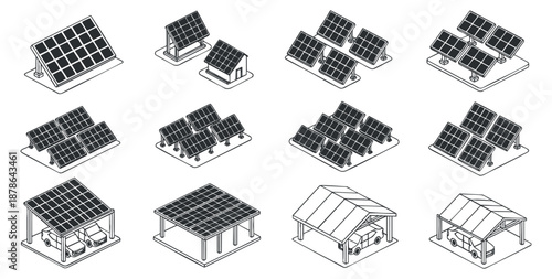A collection of solar panel designs and installations in isometric vector style, suitable for renewable energy projects and environmental themes