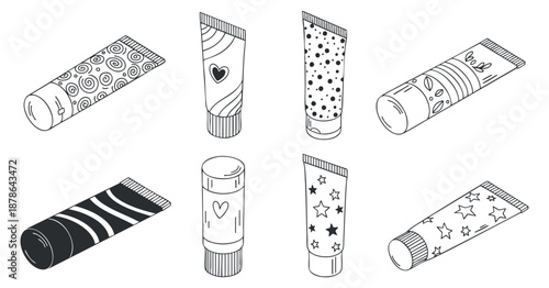 A collection of decorative cosmetic tubes in black and white outline vector style, ideal for beauty product branding and design