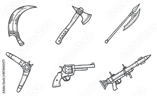 A collection of various weapons including a scythe, dagger, axe, and firearms in detailed black and white outline vector style, suitable for graphic design projects