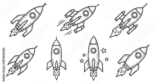 A collection of eight rocket illustrations in black and white sketch style, ideal for space exploration themes and creative projects