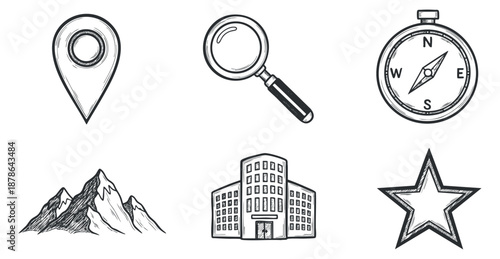 A collection of travel-related icons including a location marker, mountains, magnifying glass, compass, building, and star in hand-drawn outline style, ideal for adventure and exploration themes