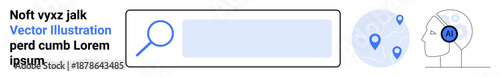 Web navigation, AI solutions, geolocation services, technology design, digital tools, global reach. Search bar icon, world map with location pins head profile with AI headphones. Web navigation