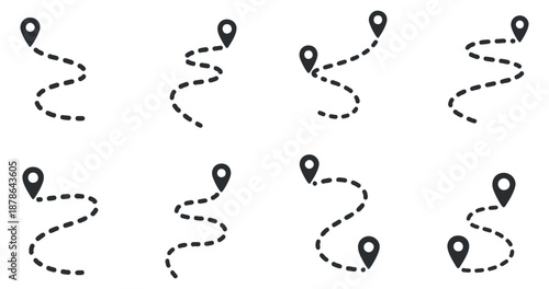 A collection of eight route and location marker icons in minimalist black and white vector style, ideal for navigation and mapping projects