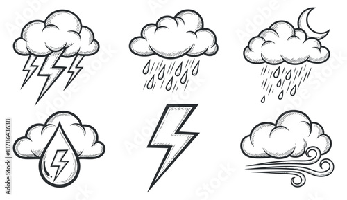 A collection of weather icons featuring clouds, lightning, and rain in black and white outline style, ideal for meteorological designs