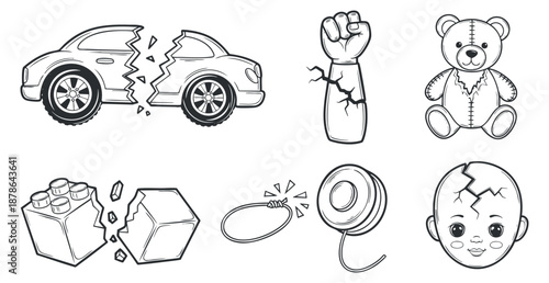 A collection of broken toys including a damaged car, teddy bear, and various playful icons in black and white outline vector style, perfect for children's design projects