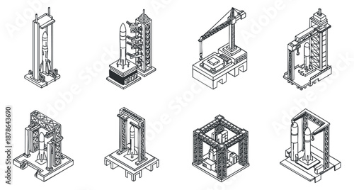 A collection of rocket launch structures and cranes in black and white outline vector style, ideal for technology and engineering projects