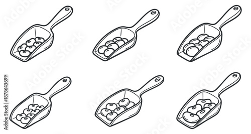 A collection of six outline vector illustrations of scoops filled with blueberries, perfect for food menus and recipes