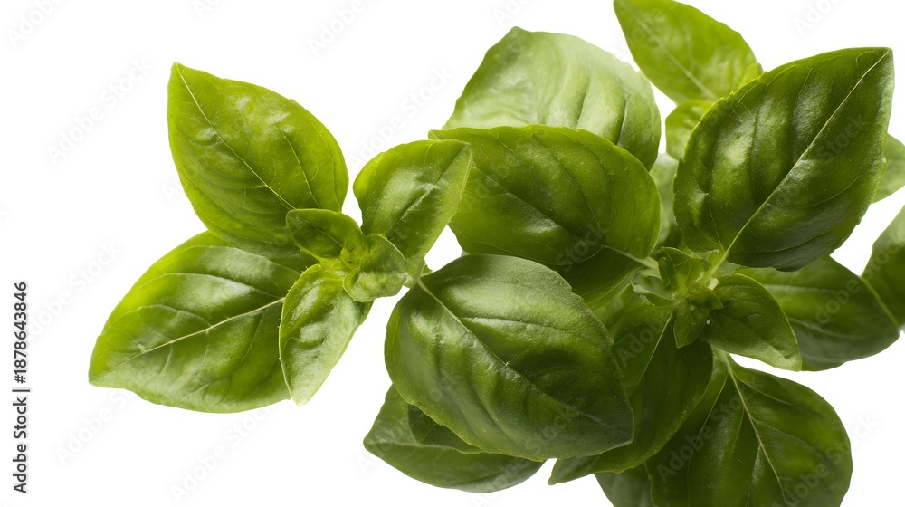 Obraz premium Fresh basil leaves isolated on white background, culinary herb cutout.