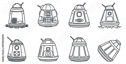 A collection of eight outline vector illustrations of various spacecraft and rockets in black and white style, ideal for science and technology designs