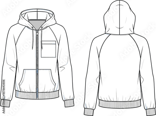 Zip hoodie technical fashion flat with front back views, rib cuffs pocket details, cad drawing flat vector illustration