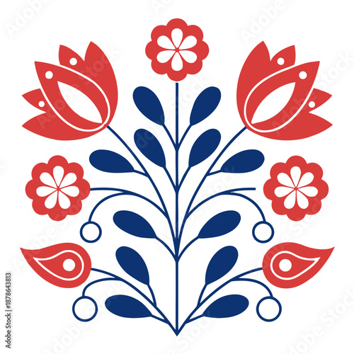 Symmetrical Slavic Folk Art Floral Ornament with Red and Blue Flowers