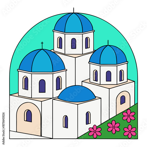 Santorini Blue Dome Greek Orthodox Church Architecture Vector Illustration