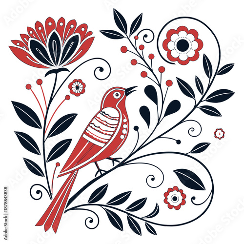 Traditional Slavic Folk Art Bird with Floral Ornament Vector Illustration