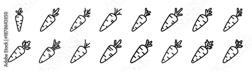 Set of 16  carrot vegetable outline food icons related. Editable stroke icons collection