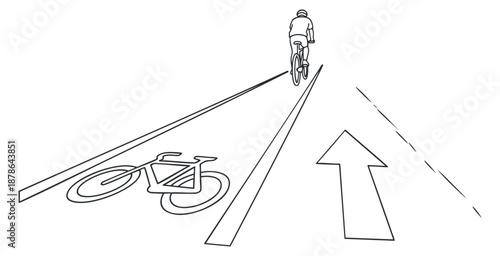 A cyclist riding on a bike path with directional arrow in minimalist outline vector style, suitable for transportation and fitness themes