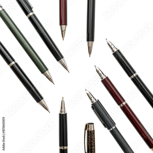 Pens Arranged in a Circular Pattern on a White Background During a Creative W...