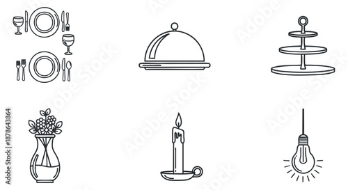 A collection of dining and hospitality icons including plates, cutlery, a serving dome, a candle, and a light bulb in minimalist outline vector style, ideal for restaurant and event design