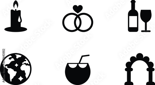Collection of six simple black icons representing a candle wedding rings bottle with glass earth coconut drink and archway isolated on transparent background