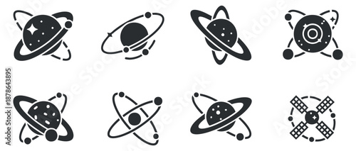 A collection of planet and satellite icons in black and white vector style, ideal for educational and scientific projects