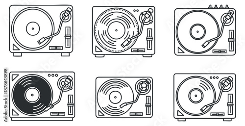 A set of six turntables in black and white outline vector style, ideal for music and DJ-themed designs