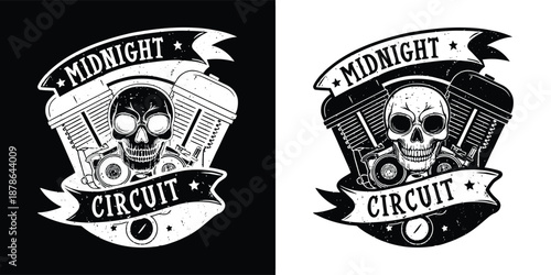 Vintage motorcycle emblem featuring a weathered human skull graphic flanked by engine cylinders and bold banner text elements