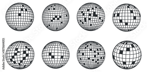 A collection of eight disco balls in black and white geometric vector style, perfect for party and event designs