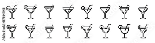 Set of 16  cocktail drink outline food icons related. Editable stroke icons collection