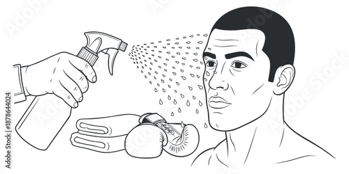 A man receiving a facial spray treatment with a spray bottle and towel in minimalist outline vector style, ideal for wellness and grooming projects