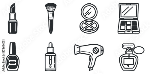A collection of beauty and makeup icons including lipstick, brushes, and perfume in black and white outline style, perfect for beauty branding and design projects