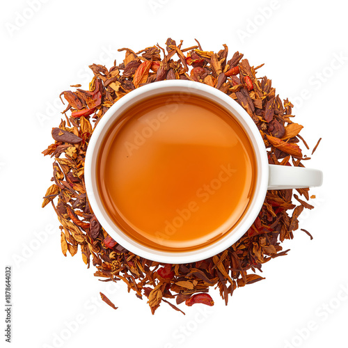 Warm Tea With Dried Herbs in Cup and Around It for Display in Kitchen or Cafe...