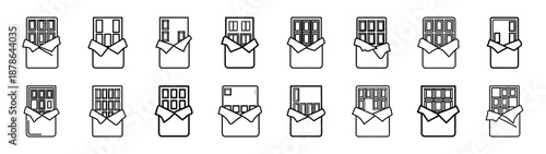 Set of 16  chocolate bar outline food icons related. Editable stroke icons collection