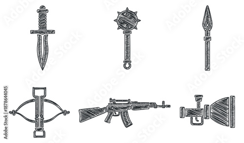 A collection of various weapons including a sword, mace, spear, crossbow, and gun in black and white sketch vector style, suitable for historical and military themes
