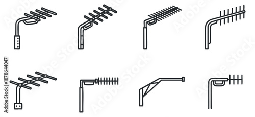 A set of various television antennas in simple black outline vector style, ideal for technology-related projects