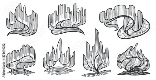 A collection of abstract wave and flame shapes in black and white line art style, suitable for creative projects and graphic design