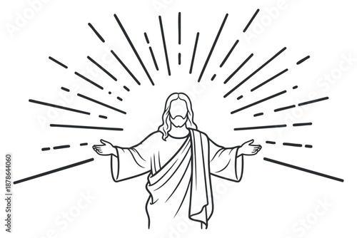 An outline illustration of Jesus Christ with outstretched arms surrounded by rays of light in minimalist vector style, ideal for religious and spiritual projects