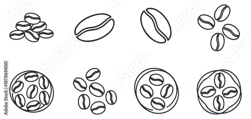 A collection of coffee beans in outline minimalist vector style, perfect for cafe menus and coffee branding