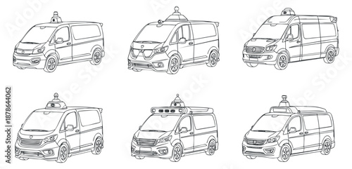 A collection of six outline sketches of various service vans in minimalist vector style, suitable for transportation or logistics projects