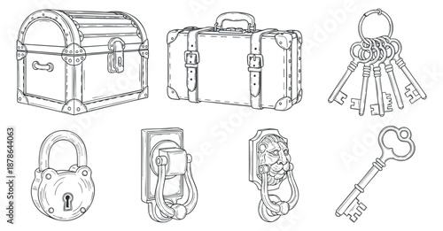 A collection of various locks and keys including a treasure chest, padlock, suitcase, and key set in outline vector style, ideal for security and design projects