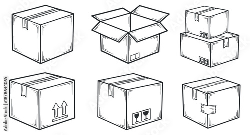 A collection of hand-drawn cardboard boxes in various configurations and styles, including open and closed, in minimalist outline vector style, suitable for logistics and packaging design