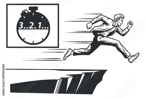 A dynamic illustration of a man running toward a cliff with a stopwatch in black and white vector style, ideal for motivation and fitness themes