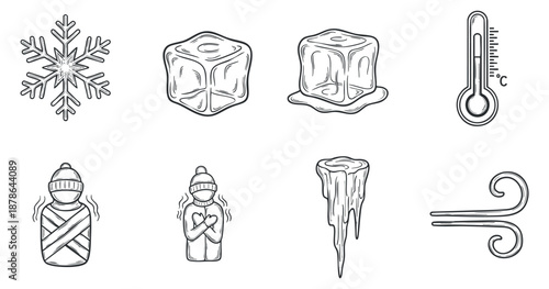 A collection of winter-themed icons including snowflakes, ice cubes, a thermometer, and a warm drink bottle in minimalist outline vector style, perfect for seasonal designs and educational materials